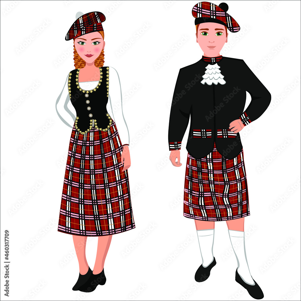 Woman and man in folk national Scottish costumes. Vector illustration