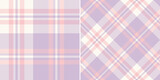 Plaid pattern in pastel lilac purple, pink, white for scarf, blanket, duvet cover, throw, poncho. Seamless herringbone textured modern tartan check design for spring summer fashion textile print.