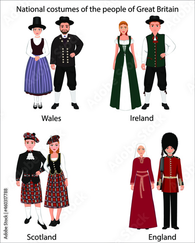 National costumes of the people of Great Britain. A woman and a man in folk national costumes of Ireland, Scotland, Wales and England. Vector illustration