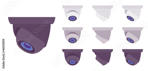 CCTV, closed circuit television equipment set, security surveillance dome camera. Professional video office control, home protection. Vector flat style cartoon illustration, different views and colors