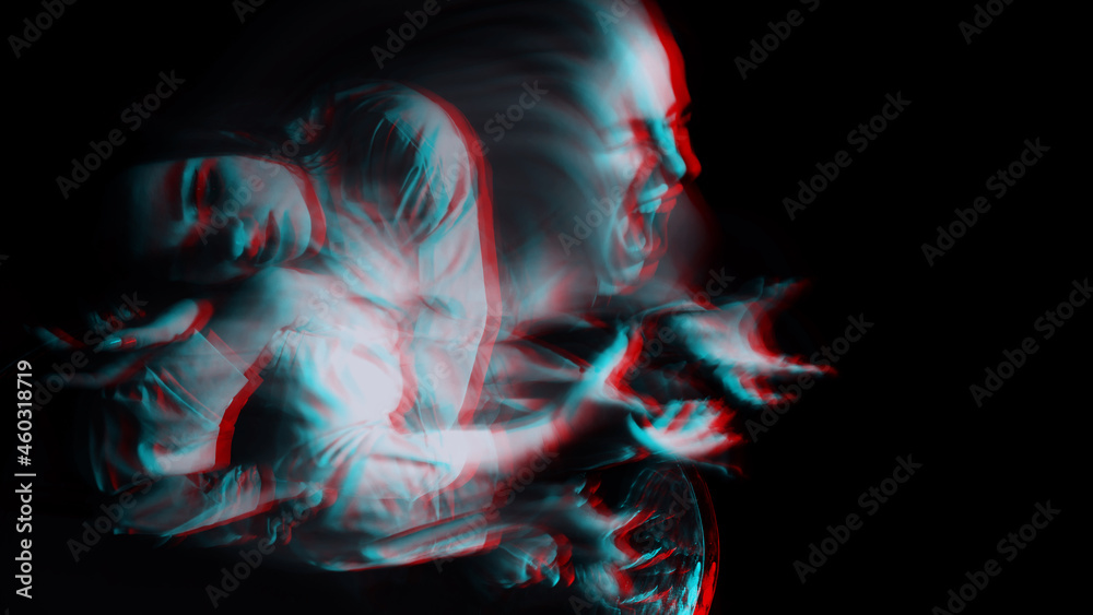 scary portrait of a ghost girl in a white shirt with a blur. Black and white with 3D glitch virtual reality effect - obrazy, fototapety, plakaty 
