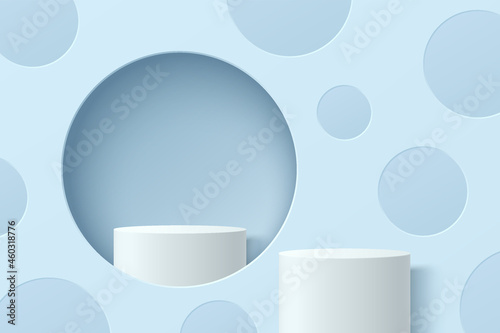 White, blue realistic cylinder pedestal podium in circle window with polka dots pattern. Vector abstract studio room with 3D geometric platform. Minimal scene for products showcase, Promotion display.
