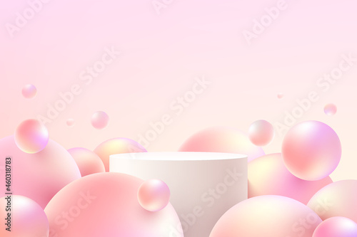 White and pink realistic cylinder pedestal podium with flying sphere ball or pink bubble. Vector abstract studio room with 3D geometric platform. Pastel minimal scene for products promotion display.