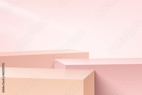 White and Pink realistic cubes steps pedestal or stand podium set with pink abstract room. Vector studio room with 3D geometric platform design. Pastel scene for products showcase, Promotion display.