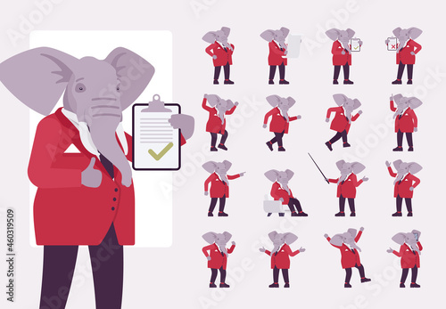 Elephant man, elegant mister, animal head human character set. Dressed up gentleman, businessman, large trunk, ivory tusks, wearing jacket. Full length, different views, gestures emotions, position