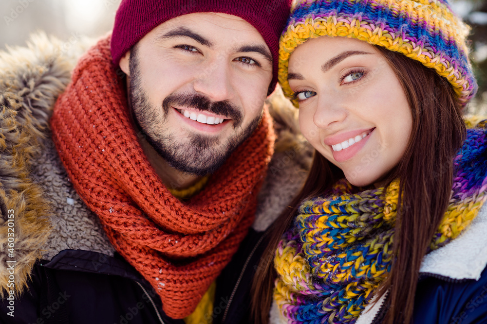 Cropped photo of young attractive couple happy positive toothy smile enjoy time together vacation scarf Cropped photo of young attractive couple happy positive toothy smile enjoy time together vacation scarf
