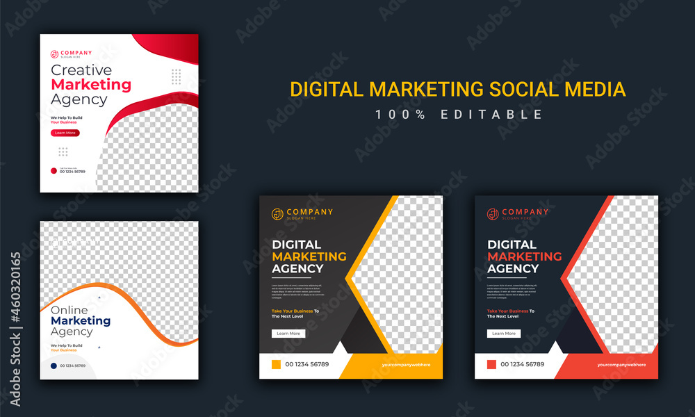 Social media post or social media template and digital marketing agency. Instagram post template. Digital business marketing banner. Square flyer template design bundle
