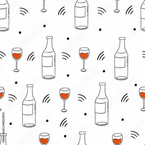 Vászonkép Wine glass and bottle, hand drawing seamless pattern.