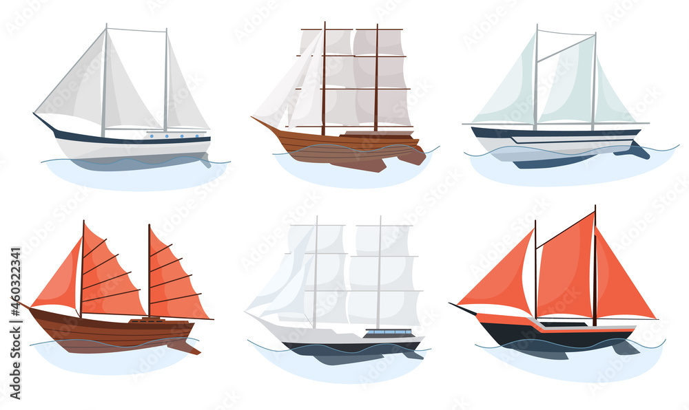 Obraz premium Sea sailboats ships set of water carriage and maritime transport in modern flat design style. collection of ship, boat, vessel or yacht on the sea waves