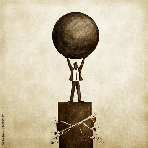 Overconfident businessman, concept of ego, arrogance, hubris, pride before the fall, failure after success, market collapse, stock risk, economic recession, financial crisis, foundation collapse amber