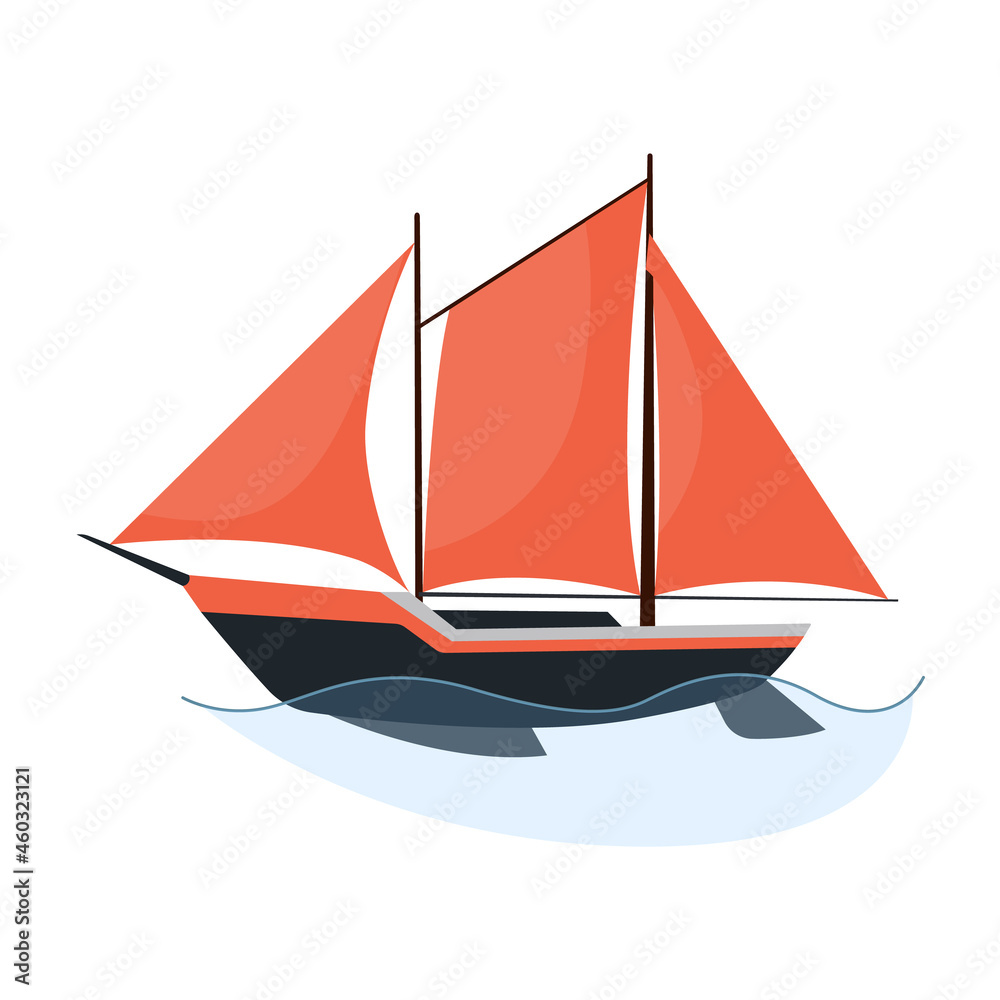 Fototapeta premium Sea sailboats ship of water carriage and maritime transport in modern flat design style. Sailing yacht on the sea waves