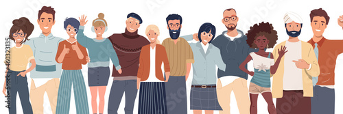 Join our team. Teamwork, cooperation, friendship concept. Multicultural team. Unity in diversity. People of different nationalities and religions cartoon characters. 