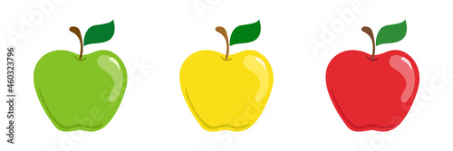Apples set. Flat design green, red and yellow apple on a white background. Illustration.