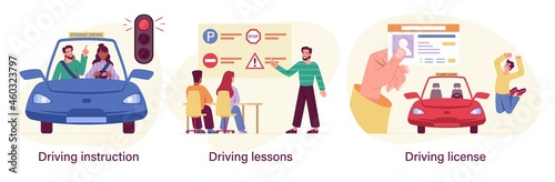 Set of driving school process with instructor and students. Driving lessons and instruction, driving license, passing test, ID card, exam preparation. Flat cartoon vector ilustration