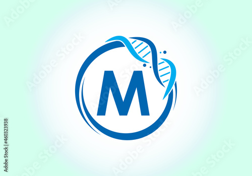 Letter M monogram alphabet in a circle with DNA. Genetics logo design concept. Font emblem.Modern vector logo for medicine, science, laboratory, business, and company identity