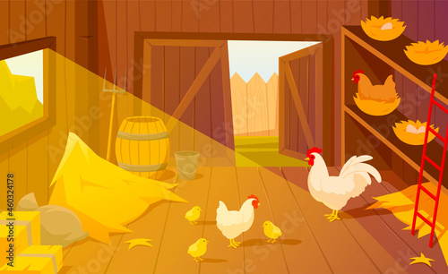 Barn on farm with chickens, straw and hay as a chicken coop. Interior of old wooden shed with hen nests, haystack, garden tools. Rural barnhouse for storage harvest. Flat cartoon vector illustration