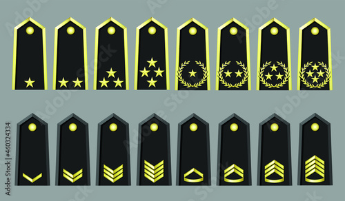 Collection of military ranks isolated on white background, vector illustration.