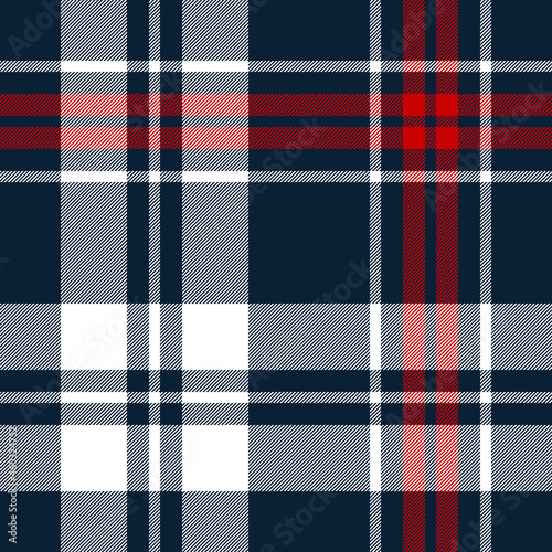 Plaid pattern for blanket or duvet cover in navy blue, red, white. Seamless autumn winter large classic Scottish tartan check plaid graphic for modern fashion or home textile design. Textured print.