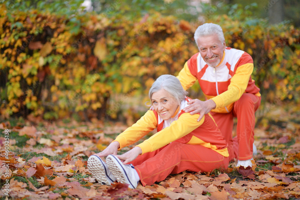 fit senior couple exercising in autumn park