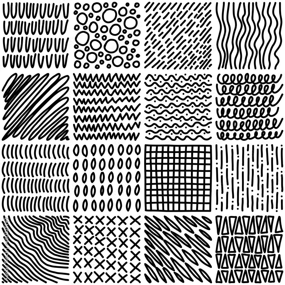 Set of hand drawn textures. Black and white patterns in doodle style. Patchwork background