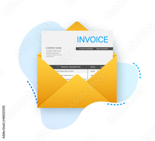 Invoice icon vector, email message received with bill document, flat style open envelope with invoice paper blank.
