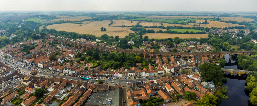 A panorama aerial view above the town of Yarm, Yorkshire, UK in summertime