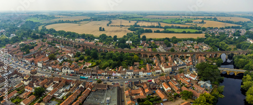 A panorama aerial view above the town of Yarm, Yorkshire, UK in summertime