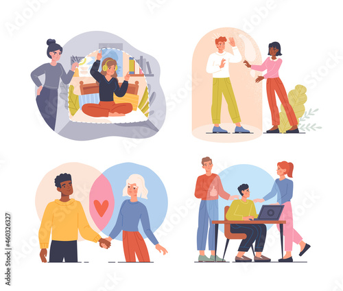 Male female characters setting, protecting and violating personal boundaries during social interaction with people. Collection of scenes from personal lifes. Set of flat cartoon vector illustrations