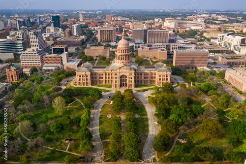 Austin Texas Capitol Building at Sunset, Aerial Drone Photo of government building