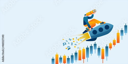 A young man with binoculars is flying on a rocket against the background of a Forex chart. Vector illustration about investments and trading. Horizontal banner template.