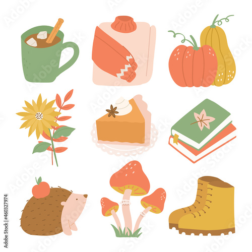 Set of autumn elements. Cozy fall clipart. Collection of autumn illustrations - boots, leaves, books, mushrooms, pie, books, sweater. Vector clipart isolated