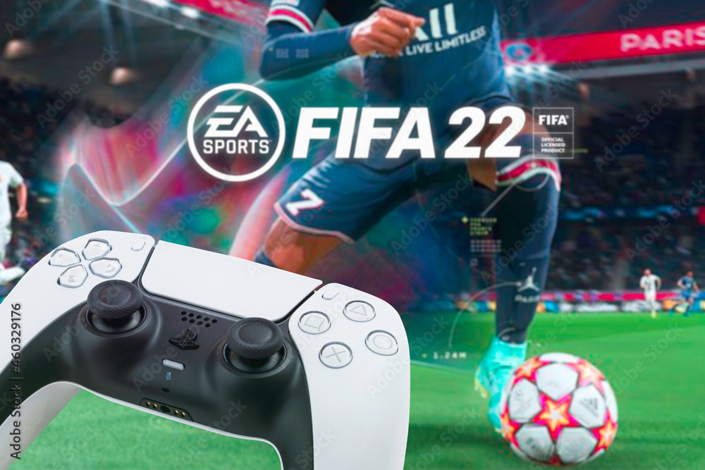 Playstation 5 Dual Sense Controller with FIFA 22 game blurred in the  background. Rio de Janeiro, RJ, Brazil. October 2021. Stock Photo | Adobe  Stock
