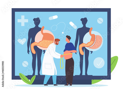 Male surgeon doctor measuring waist of fat man. Preparing patient for bariatric gastrectomy procedure in clinic. Concept of weight loss medicine. Flat cartoon vector illustration