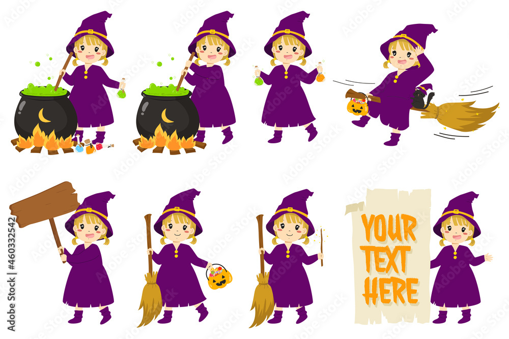 Cute Halloween witch character and elements vector set Cute Halloween witch character and elements vector set