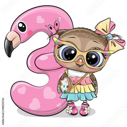 Cartoon Owl and number three isolated on a white background
