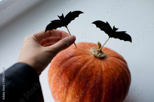 orange pumpkin with haloween decor - black bats on toothpics photo