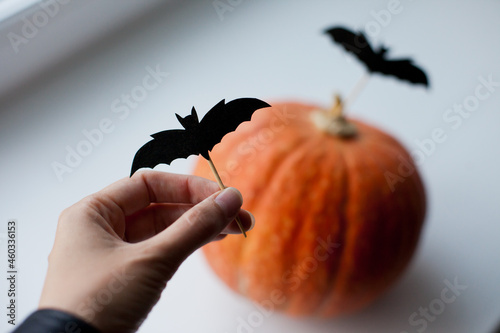 orange pumpkin with haloween decor - black bats on toothpics photo