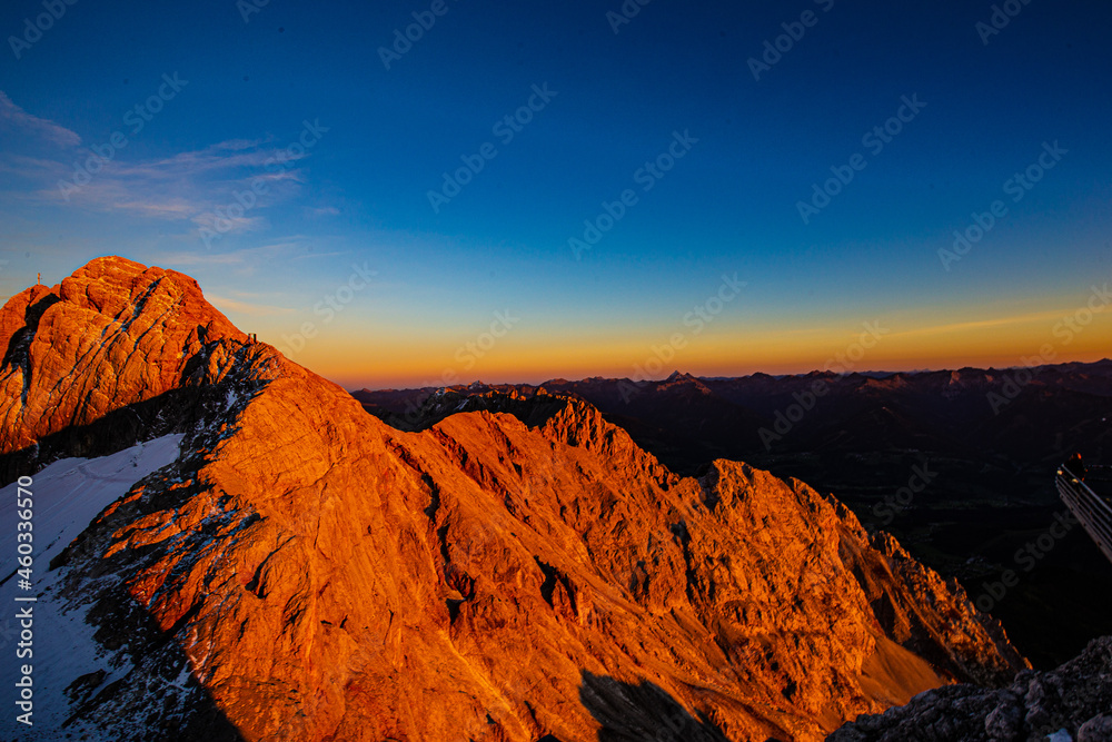 Summer sunset in the Alps at the top of Dachstein 3000 m.