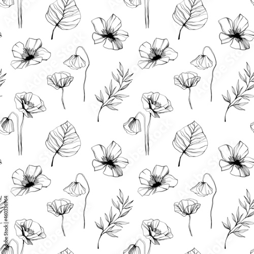 Seamless pattern of flowers, leaves, leaf, palm tree hand drawn vector sketch. Hand drawn ink floral line drawing. Wild flowers minimalist design. Black and white art. Abstract floral illustration.