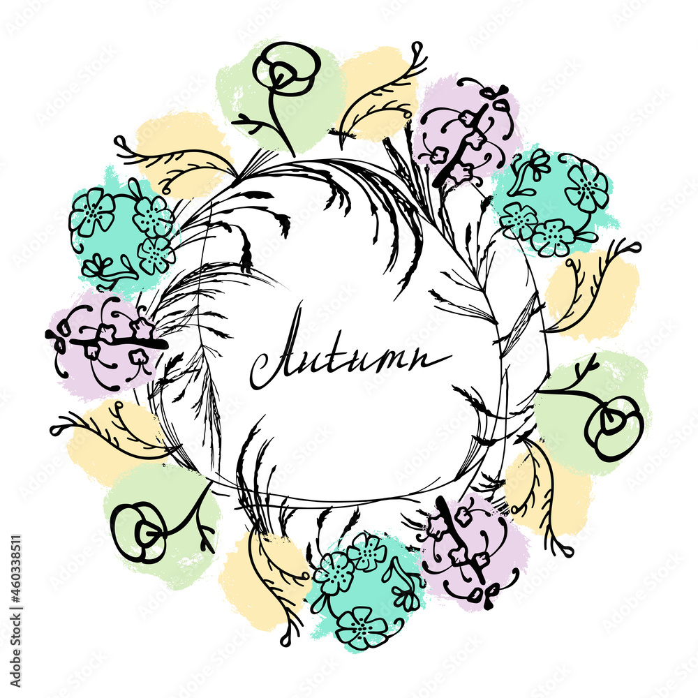 Obraz premium A wreath of doodle flowers on multicolored spots. Vector.