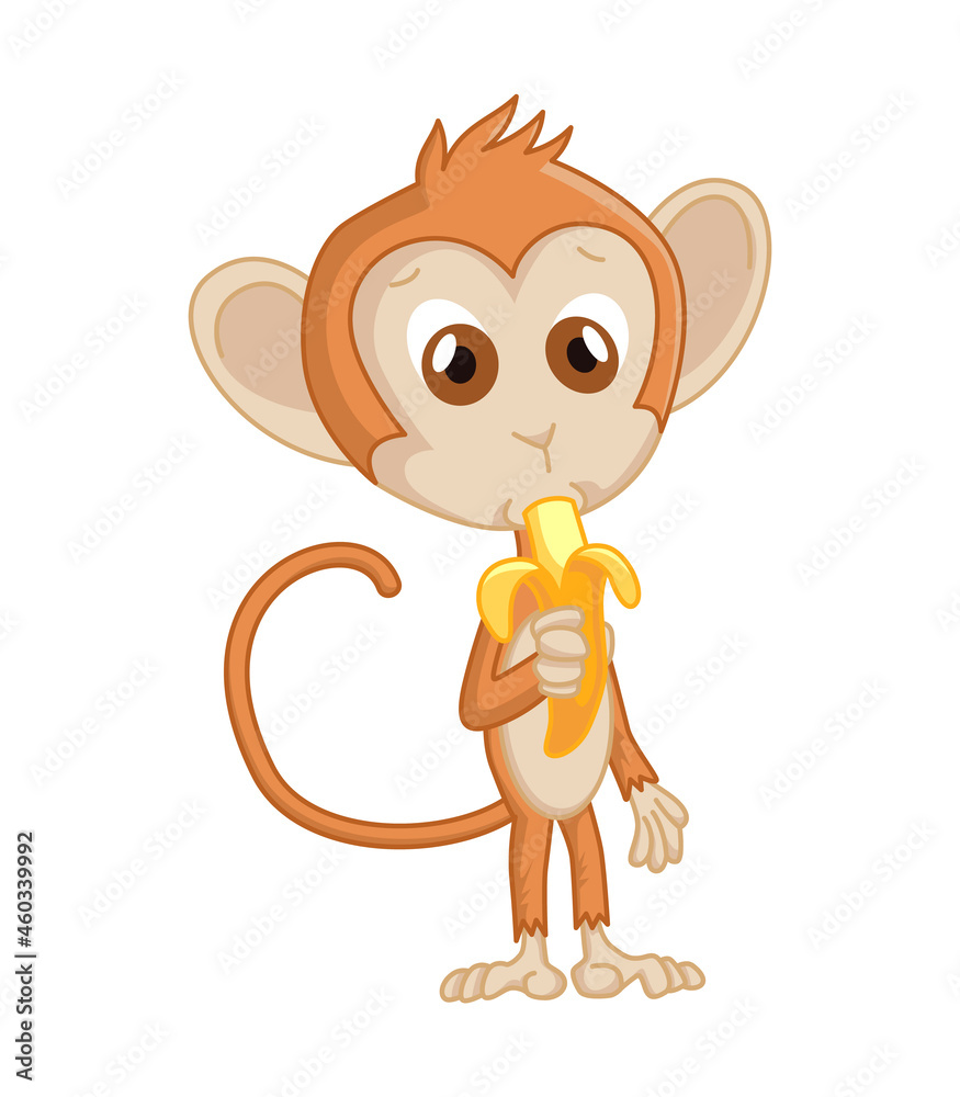 Fototapeta premium Cute funny monkey colorful cartoon illustration. little chimpanzee. Wildlife character. Little ape eating banana