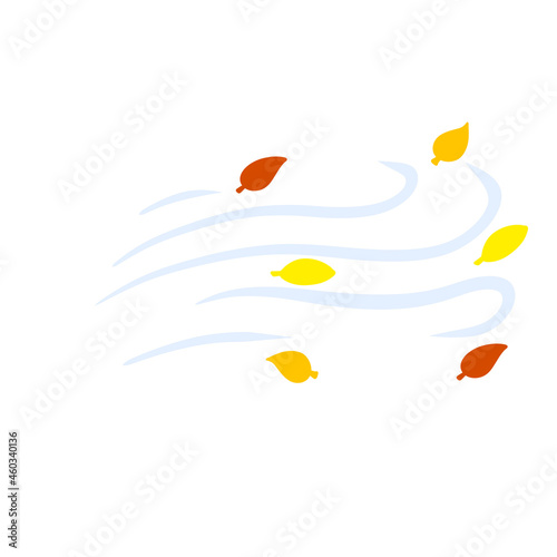 Autumn Wind. Stream of air with red and yellow leaves. Blue wavy line. Breeze and weather icon. Leaf fall. Flat illustration