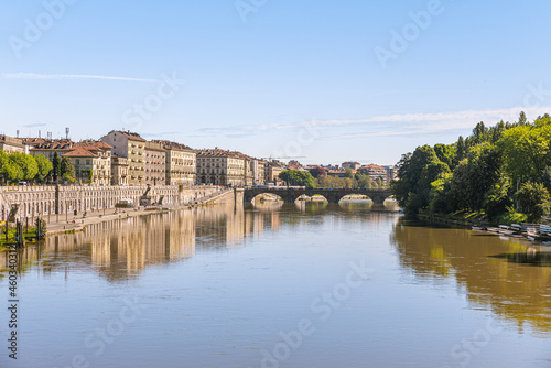 Turin, Italy, May 12th, 2021. Generic view of the Po river with the Vittorio Emanuele I Bridge in the distance in the background.