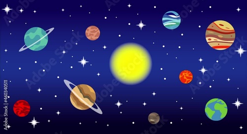 Planets of the Solar System and stars on blue background. Galaxy, space, cosmic exploration hd cartoon animation.