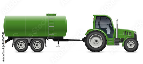 Tractor with tank vector illustration view from side. Agricultural vehicle mockup isolated on white background. All elements in the groups for easy editing and recolor