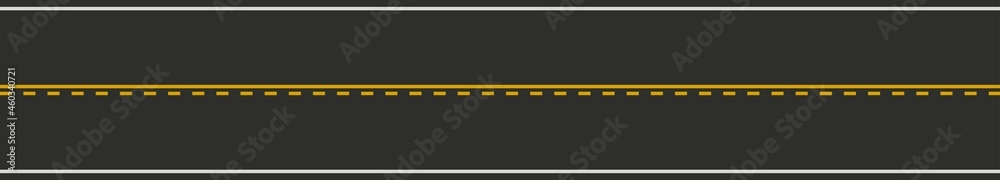 Seamless road marking with solid and dashed yellow line and solid white lines. Horizontal straight asphalt road. Top view. Template design for educational websites, infographic, brochures. Vector Seamless road marking with solid and dashed yellow line and solid white lines. Horizontal straight asphalt road. Top view. Template design for educational websites, infographic, brochures. Vector