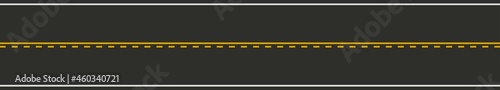 Seamless road marking with solid and dashed yellow line and solid white lines. Horizontal straight asphalt road. Top view. Template design for educational websites, infographic, brochures. Vector