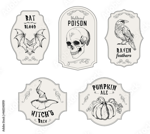 Set of 5 spooky apothecary Halloween labels for Halloween decorations photo