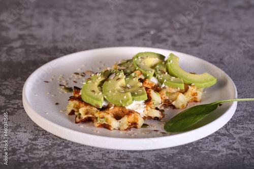 waffles with cream cheese avocado and seeds