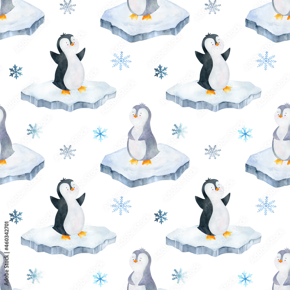 Obraz premium Winter animals seamless patterns, watercolor penguin background, arctic north illustration, iceberg, landscape scrapbooking paper, hand drawn sea wildlife